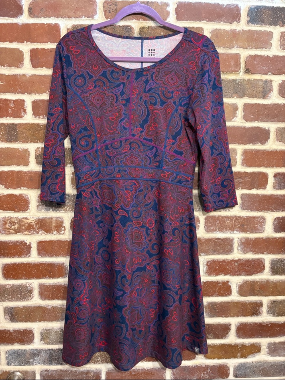 Title Nine Navy and Red Paisley Fit-and-Flare Long Sleeve Dress medium